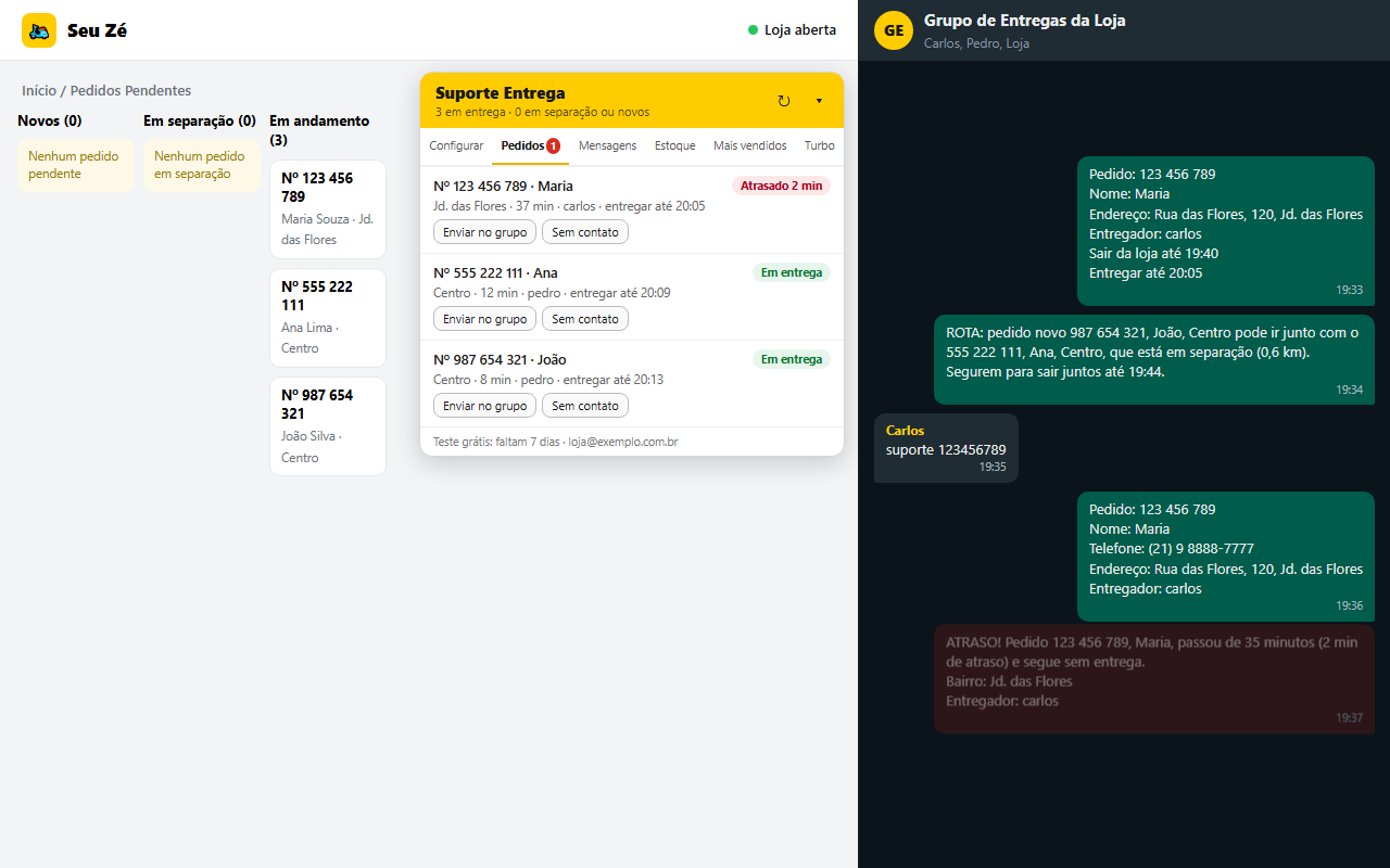 Painel amarelo do Suporte Entrega sobre a tela de Pedidos Pendentes do Seu Zé